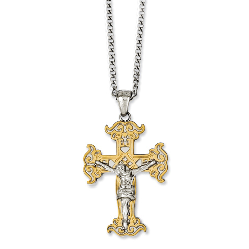 Stainless Steel 1 3/4in Yellow-plated Crucifix Necklace
