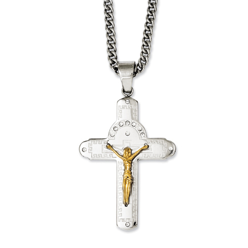 Stainless Steel 2in Yellow-plated CZ Crucifix Necklace