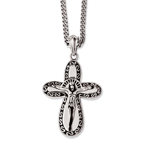 Stainless Steel 1 3/4in Antiqued Rounded Crucifix Necklace