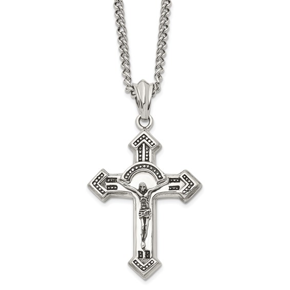 Stainless Steel 1 3/4in Antiqued Pointed Crucifix Necklace
