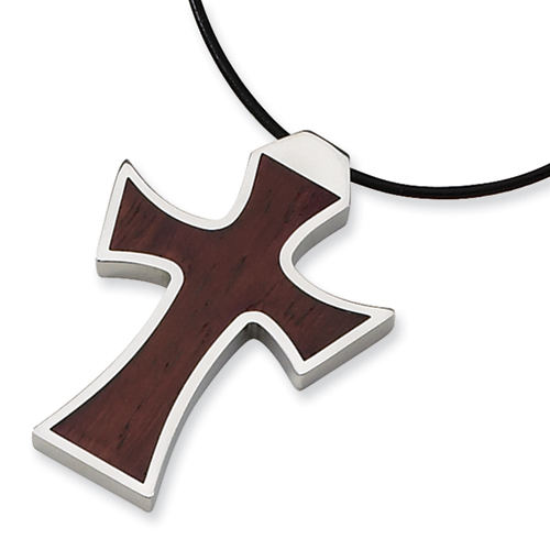 Stainless Steel Wood Cross 1 3/4in with Leather Cord