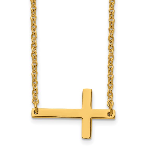 Stainless Steel 1in Yellow Plated Sideways Cross 18in Necklace