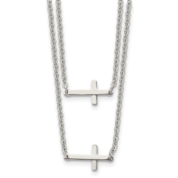 Stainless Steel Double Sideways Crosses Layered on 16 1/2in Necklace