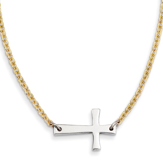Stainless Steel Sideways Cross on Gold-Plated Chain Necklace 17in