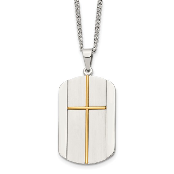 Stainless Steel 1 1/2in Yellow Ion Plated Dog Tag Cross Necklace