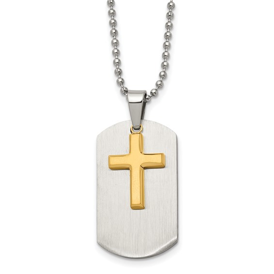 Stainless Steel 1 1/4in Yellow Plated Moveable Cross Dog Tag Necklace