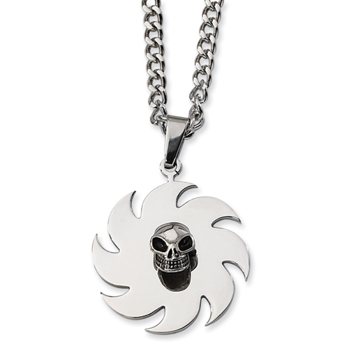 1 3/8in Stainless Steel Skull and Saw Blade 24in Necklace