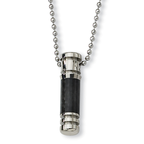 1 1/2in Stainless Steel Black Carbon Fiber Cylinder Necklace 22in