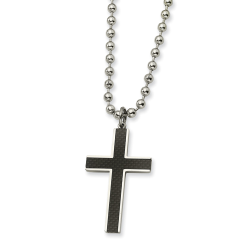 2 1/8in Stainless Steel Carbon Fiber Cross Necklace 22in