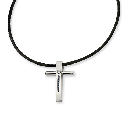 Stainless Steel 1 1/2in Rope Accent Cross on 18in Leather Cord
