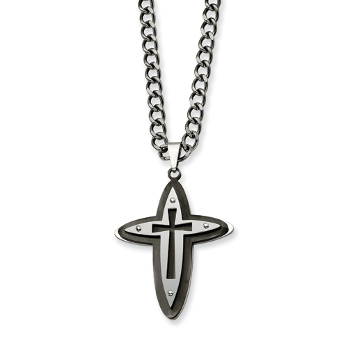 2in Stainless Steel and Black Plated Pointed Cross Necklace 22in