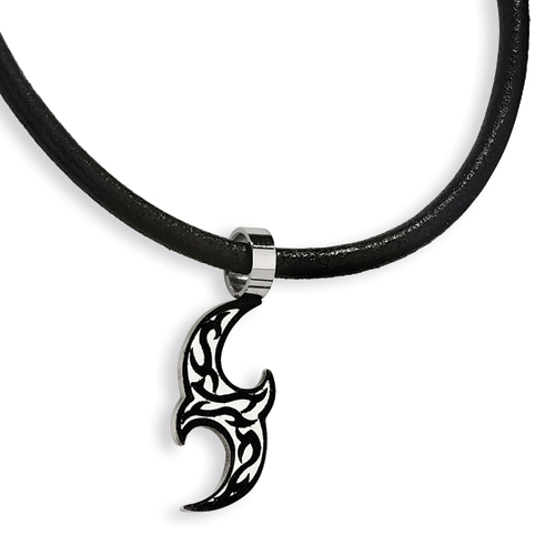 Stainless Steel and Black Plated Tribal Pendant on 18in Leather Cord