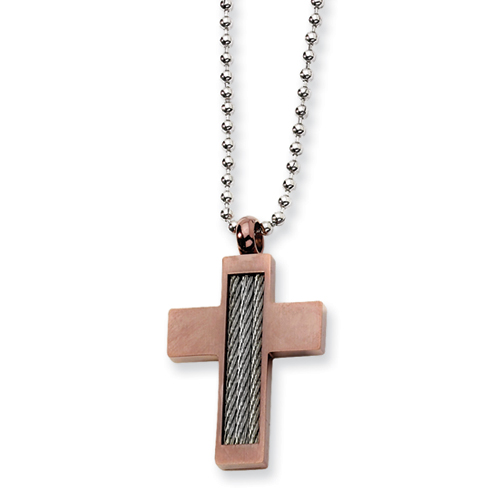 Stainless Steel and Brown-plated Cross Necklace 24in