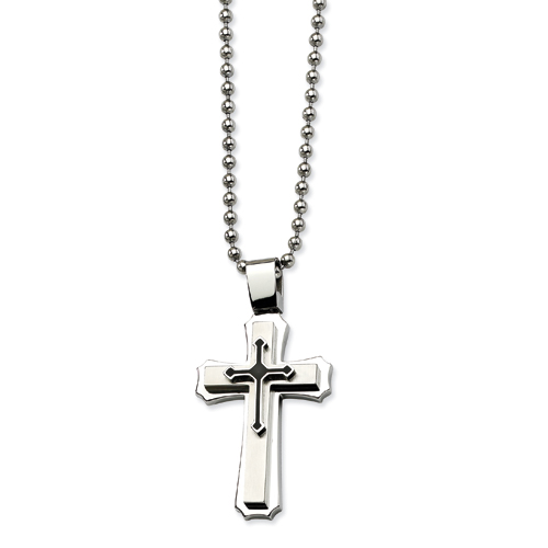 Stainless Steel 1 3/4in Black Rubber Cross on 24in Necklace 