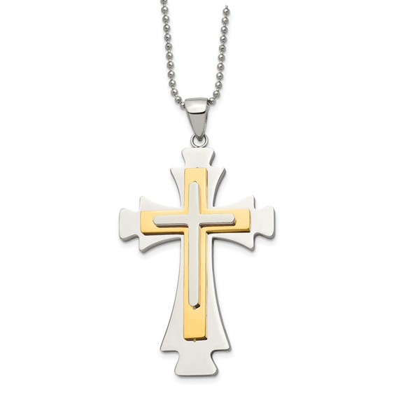 Stainless Steel 2 3/8in Gold-Plated Cross on 22in Necklace 