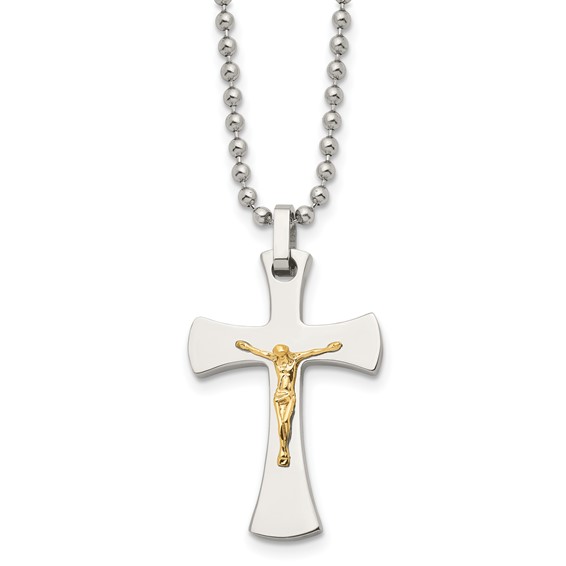 Stainless Steel 1 1/4in 14k Accent Crucifix Necklace