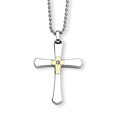 Steel 1 1/2in Diamond Crusader Cross with 14kt Gold 22in Necklace