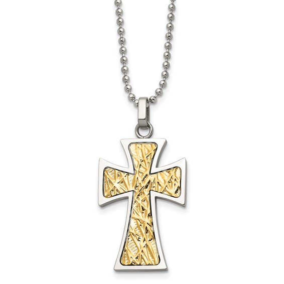 Stainless Steel 1 1/4in 14kt Yellow Gold Accent Cross on 22in Necklace 