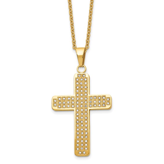 Stainless Steel 1 3/4in Yellow-Plated CZ 22in Cross Necklace 
