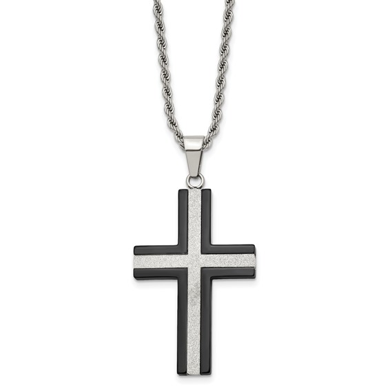 Stainless Steel 1 3/4in Black-plated Cross 24in Necklace