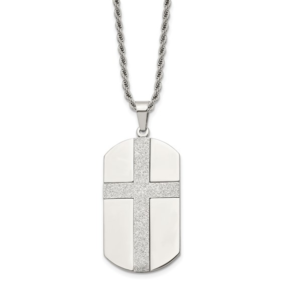 Stainless Steel 1 3/4in Brushed Dog Tag Cross Necklace