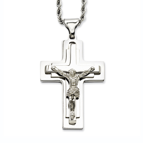 Stainless Steel 2 1/2in Crucifix on 24in Rope Chain