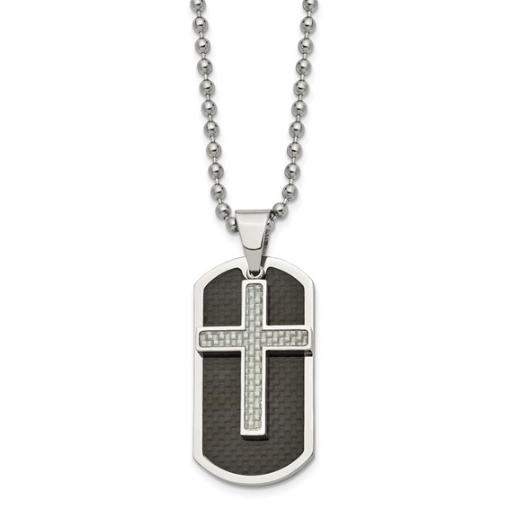 Stainless Steel 1 3/4in Carbon Fiber Moveable Dog Tag Cross Necklace