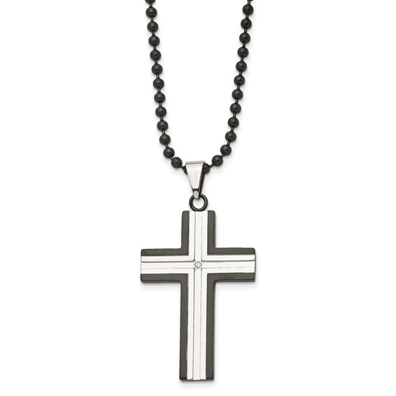 Stainless Steel 1 3/4in Black-plated Cross with CZ on 30in Chain