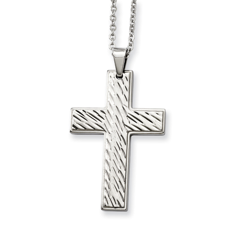 Stainless Steel 1 3/4in Textured Cross on 24in Necklace 