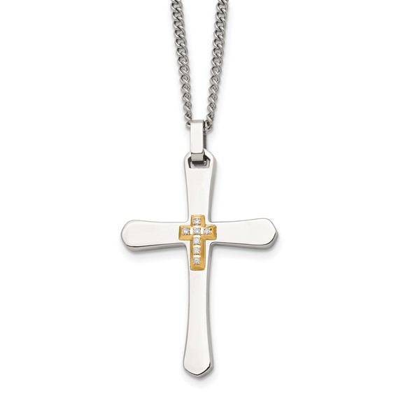 Stainless Steel 1 5/8in Diamond Cross 14kt Gold Accent 22in Necklace