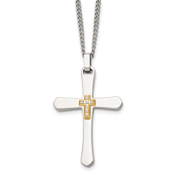 Stainless Steel 1 5/8in Diamond Cross 14kt Gold Accent 22in Necklace