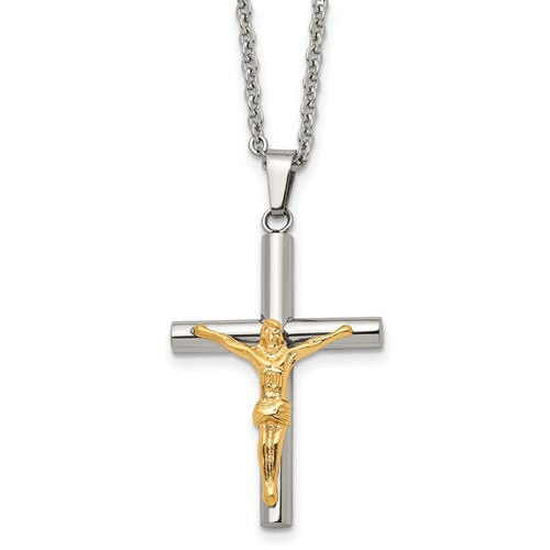 Stainless Steel 1 1/2in Gold-plated Crucifix Necklace