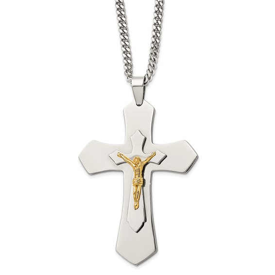 Stainless Steel 3in Gold-plated Pointed Crucifix Necklace