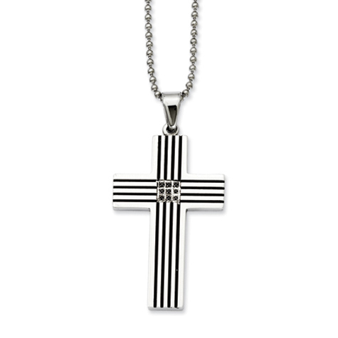 Stainless Steel 2in Striped Black Diamond Cross on 22in Necklace