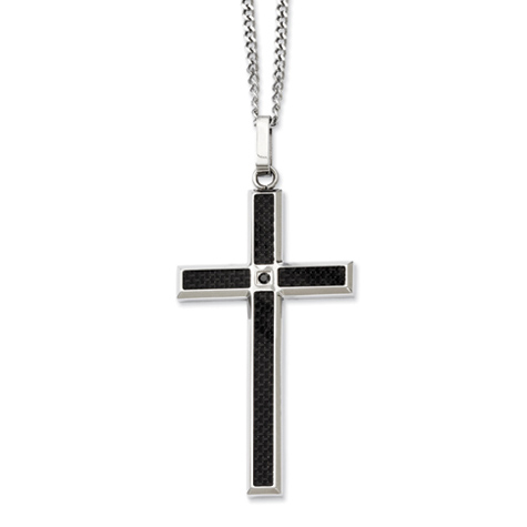 Stainless Steel 2 1/2in Black Diamond Carbon Fiber Cross 22in Necklace