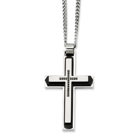 Black-plated Stainless Steel 2in Black Diamond Cross on 22in Necklace
