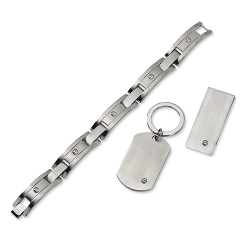 Stainless Steel Bracelet Money Clip Key Chain Set Screw Accents