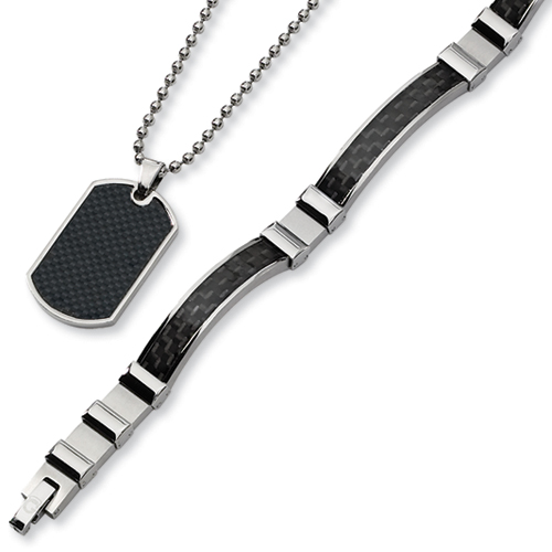 Stainless Steel Black Carbon Fiber Necklace and Bracelet Set