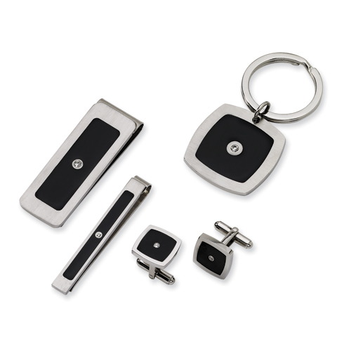 Steel CZ Cufflinks Tie Clip Money Clip Key Chain Set for Dad