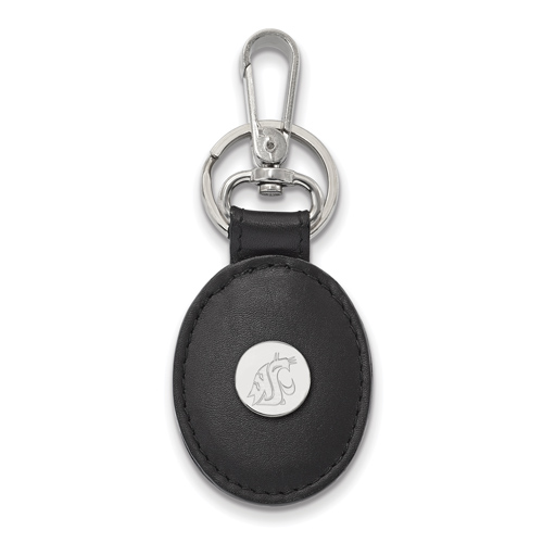 Silver Washington State University Black Leather Oval Key Chain