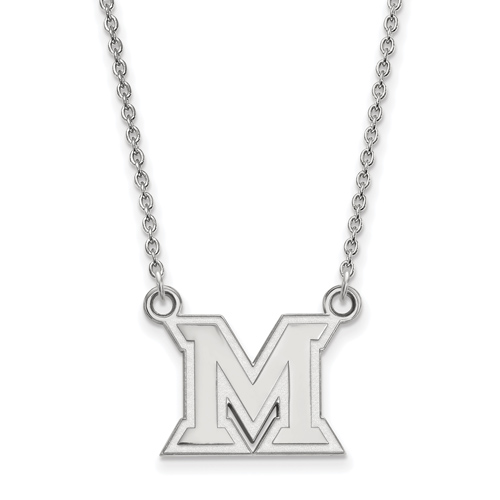 Miami University Small M Pendant on 18in Chain 10k White Gold