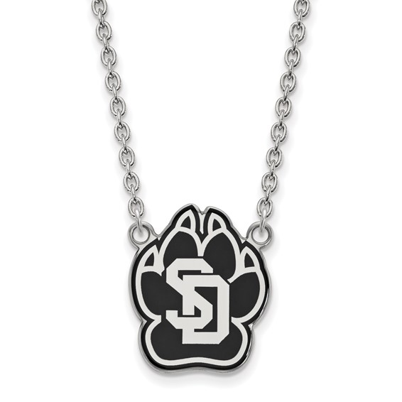 Sterling Silver University of South Dakota Paw Black Enamel Necklace