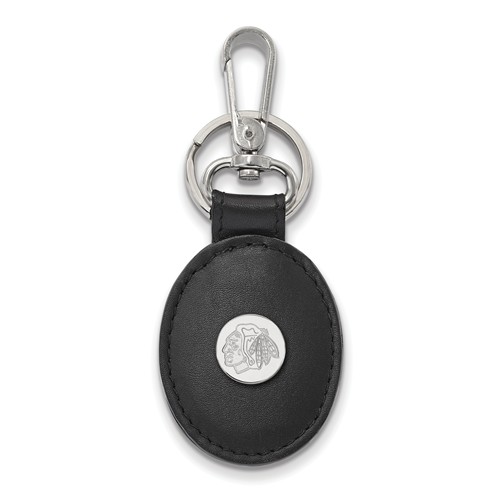 Sterling Silver Chicago Blackhawks Black Leather Oval Key Chain
