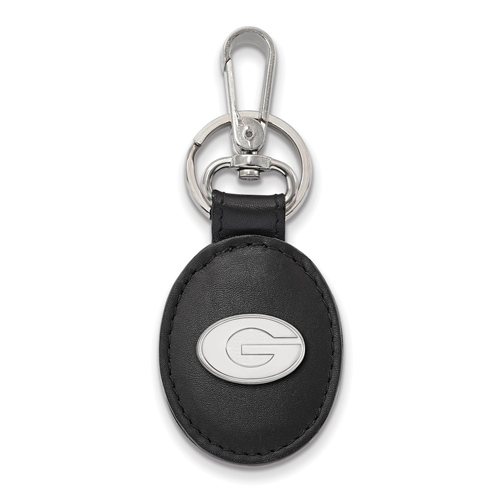 Sterling Silver University of Georgia Black Leather Oval Key Chain