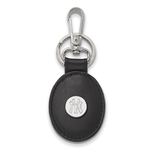 Sterling Silver New York Yankees Black Leather Oval Key Chain