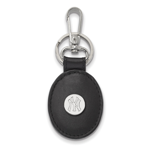 Sterling Silver New York Yankees Black Leather Oval Key Chain