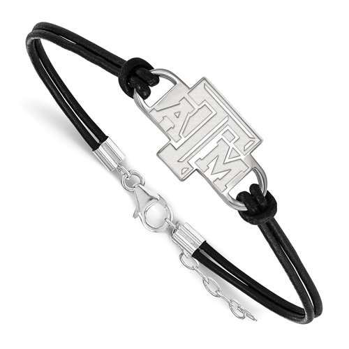 Silver 7in Texas A&M University Leather Bracelet with Small Center