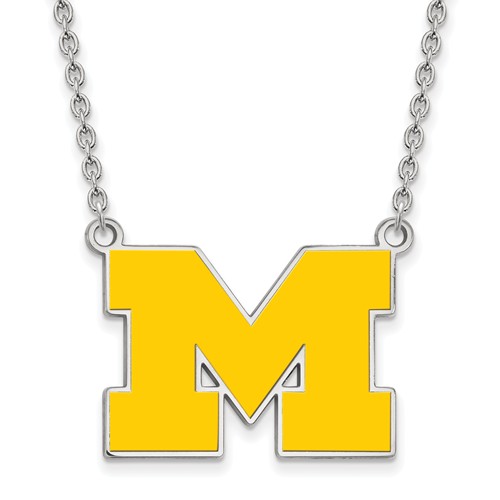 Silver University of Michigan M Yellow Enamel Pendant with 18in Chain