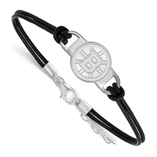 Sterling Silver 7in Boston Bruins Leather Bracelet Small Center
