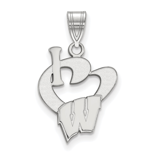 Sterling Silver 5/8in I Love University of Wisconsin Logo Pendant